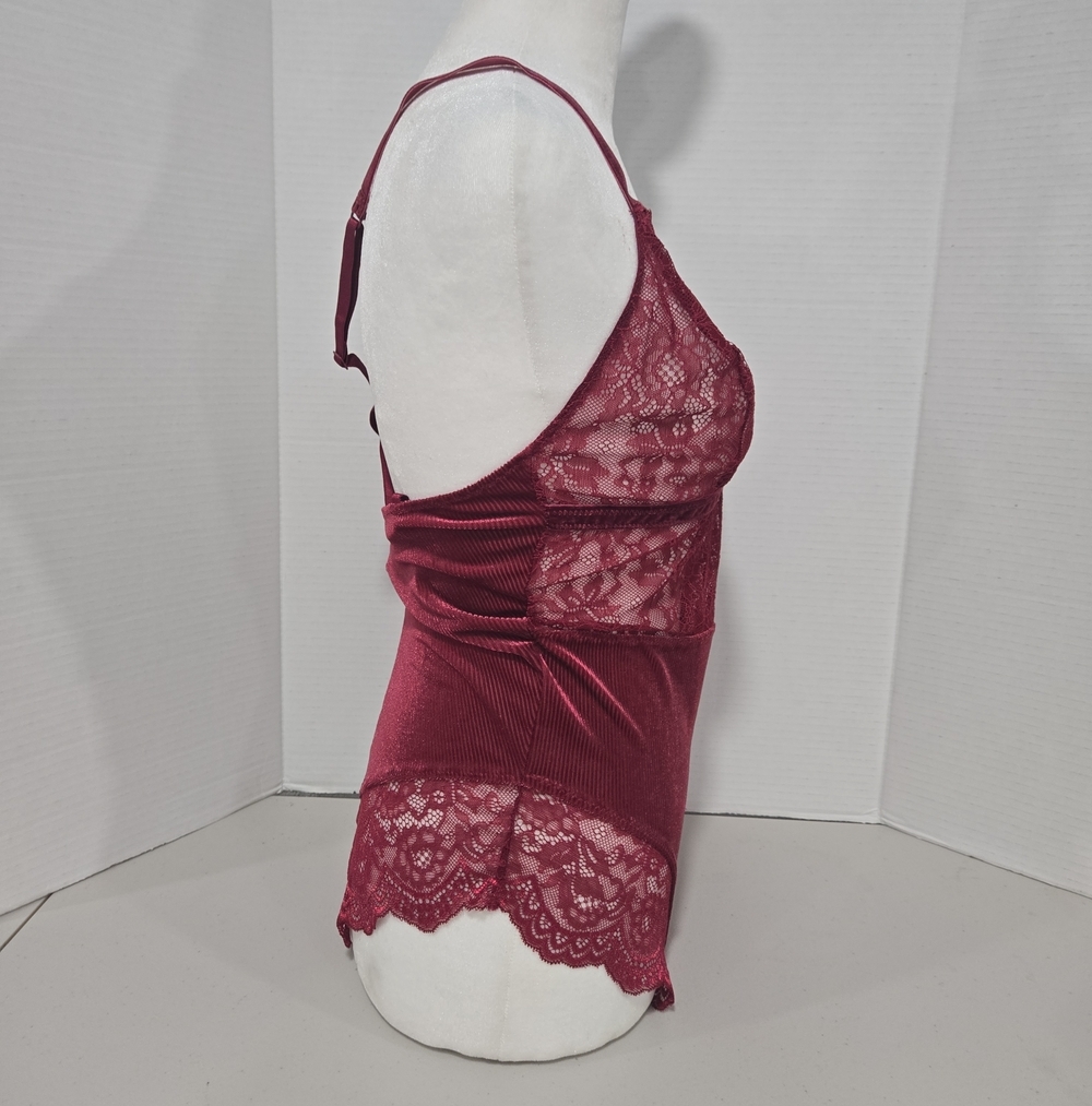 NWT Burgundy Lace Velvet Sheer Lingerie Bodysuit Stretch Bridal Small Sexy - Picture 4 of 6